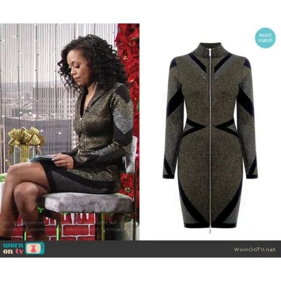 Karen Millen Metallic Bandage Knit Bodycon Dress Front Zip Gold Black UK S 4-6 - Picture 15 of 16